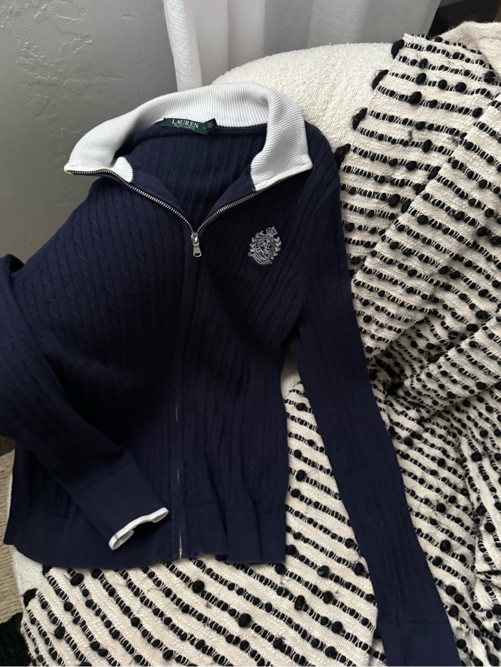 Lauren Ralph Lauren Cable Knit Full Zip Crest Sweater Navy Women's Large